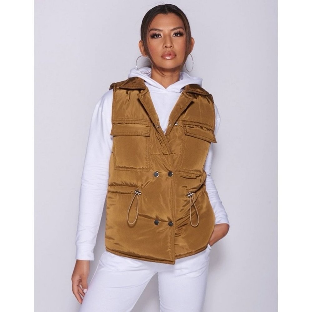 Sleeveless Collared Double Breasted Padded Puffer Jacket Vest Gilet - Picture 9 of 13